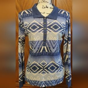 Chaps, NWOT, size M/L Aztec design button up, long sleeve, blue/gray knit top